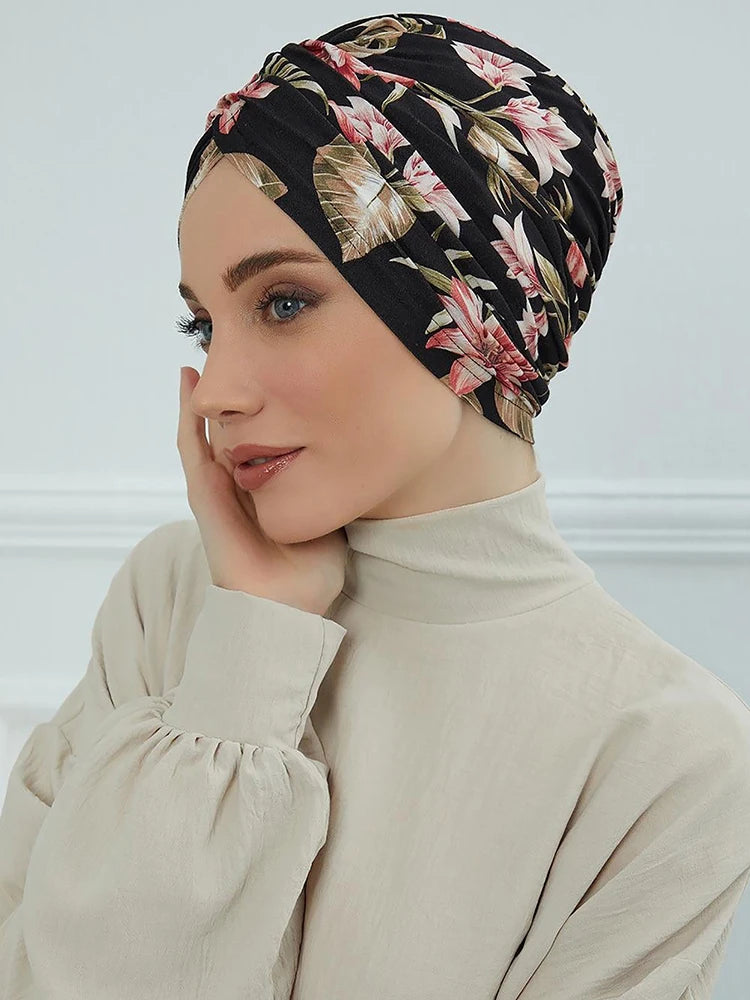 Floral Muslim Women Instant Turban Turkey Islamic Hijab Cap Headwear Arab Wrap Head Scarf Hair Accessories Hat