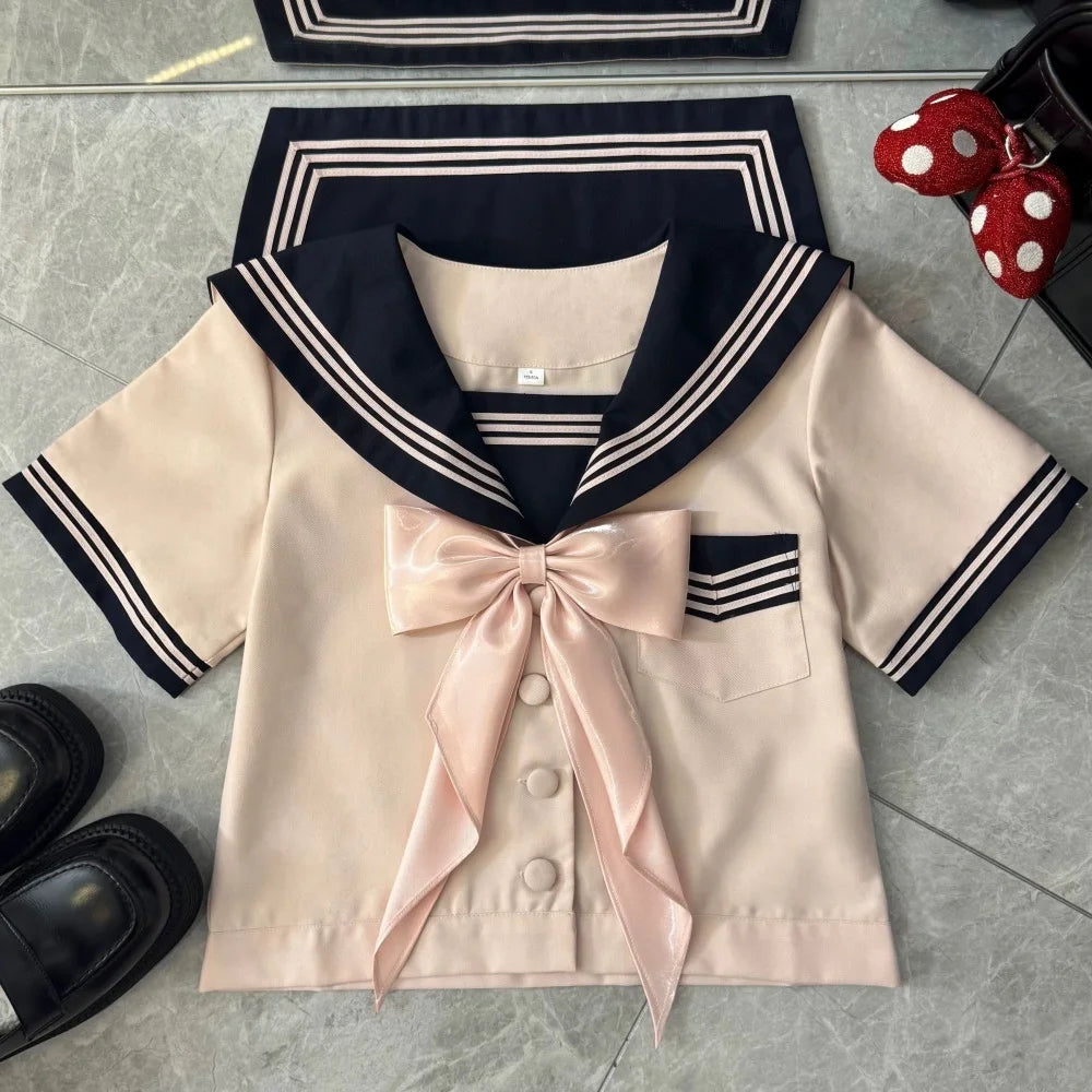Japanese Sailor Suit Black/White/Red/Pink Korean College Sailor Fuku Short Sleeve High School Girls Students Jk Uniforms Seifuku