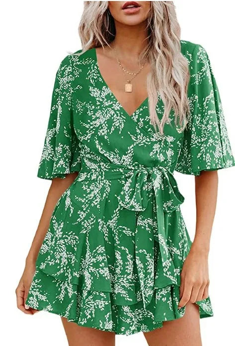 Hot-selling Women's Jumpsuits V-neck Flared Sleeves High Waist Plant Printed Pleated Lace-up Fashion High Street Playsuits