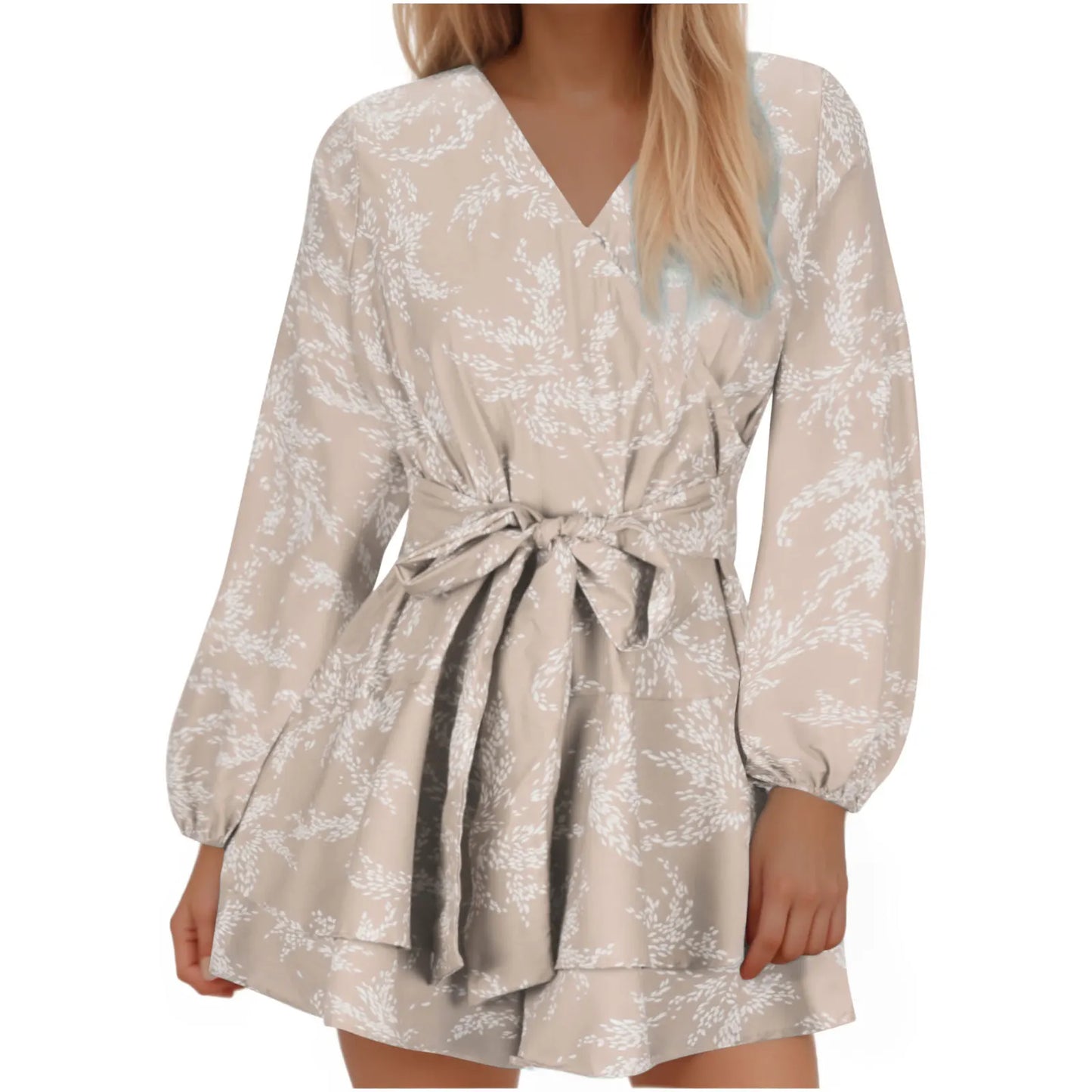Hot-selling Women's Jumpsuits V-neck Flared Sleeves High Waist Plant Printed Pleated Lace-up Fashion High Street Playsuits