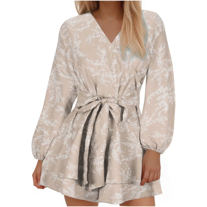 Hot-selling Women's Jumpsuits V-neck Flared Sleeves High Waist Plant Printed Pleated Lace-up Fashion High Street Playsuits