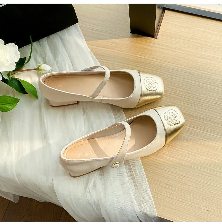 Fashion Mary Jane Women's Shoes 3cm Wide Heel Pumps Embroidered Flowers Pearl Buckle Strap Mary Jane Shoes Luxury Leather Heels