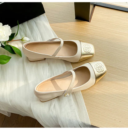 Fashion Mary Jane Women's Shoes 3cm Wide Heel Pumps Embroidered Flowers Pearl Buckle Strap Mary Jane Shoes Luxury Leather Heels