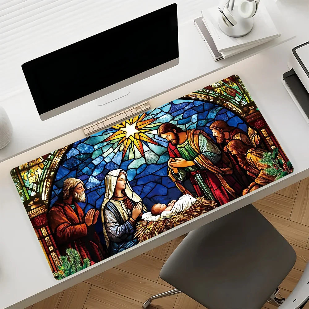 Christmas Nativity Scene Mouse Pad Large Non-Slip Waterproof Mat Stitched Edge Keyboard Pad for Gaming Daily Office