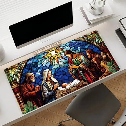 Christmas Nativity Scene Mouse Pad Large Non-Slip Waterproof Mat Stitched Edge Keyboard Pad for Gaming Daily Office