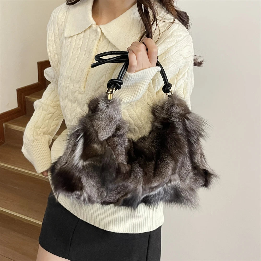 Winter Warm Fox Fur Shoulder Hobo Bags For Women Latest Luxury Designer Purses And Handbags Elegant Evening Bag For Dinner Party