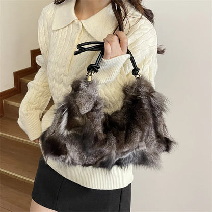 Winter Warm Fox Fur Shoulder Hobo Bags For Women Latest Luxury Designer Purses And Handbags Elegant Evening Bag For Dinner Party