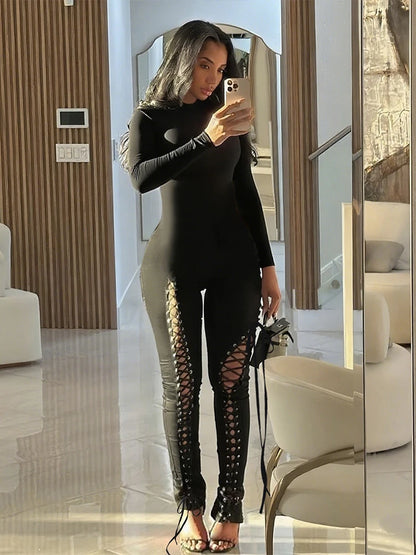 Sisterlinda Sexy Fashion Jumpsuits Woman o-Neck Full Sleeve Shirring Hollow Skinny Peach Hip Hot Girls Midnight Party Clubwear