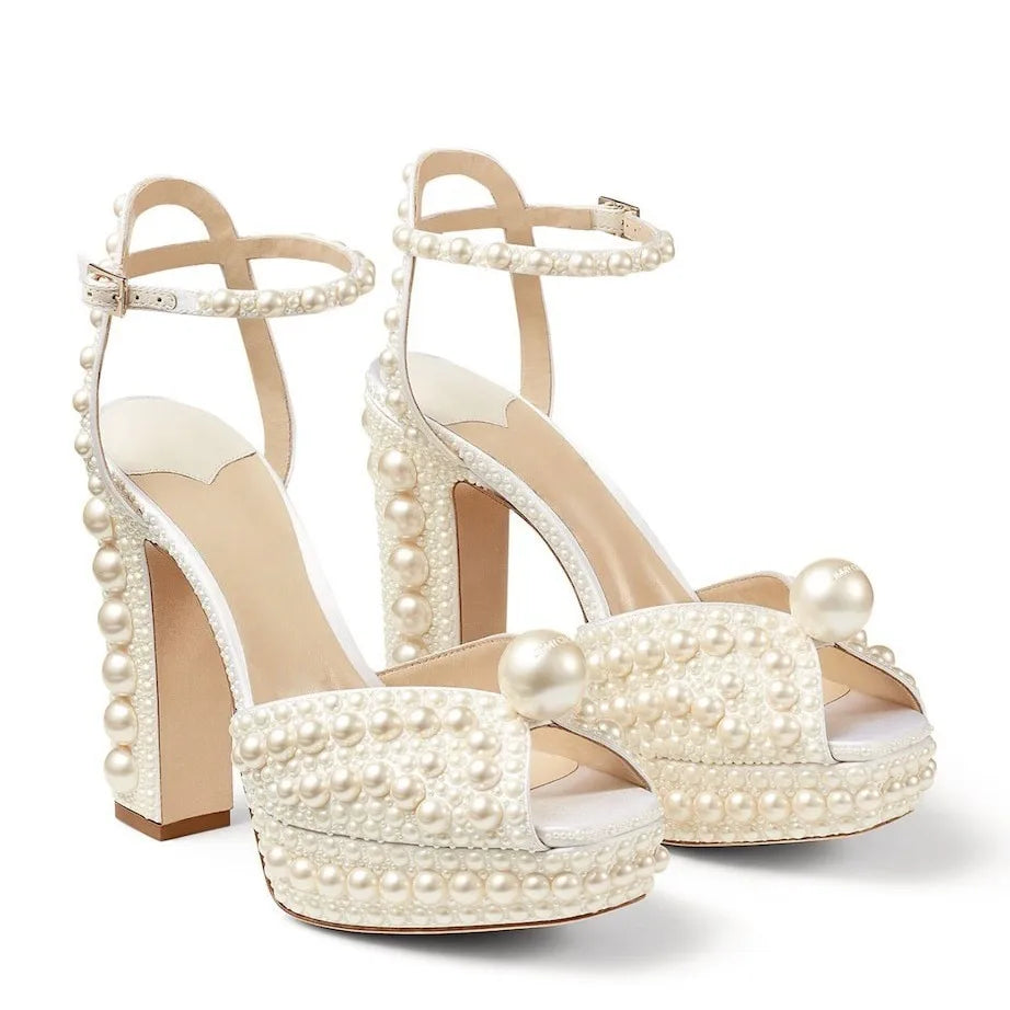 Luxury Full Pearl Platform Heeled Sandals Women White Peep Toe Ankle Strap Block Heels Elegant Bridal Shoes Wedding Prom