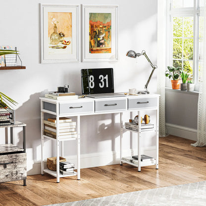 47" Computer Desk with 3 Fabric Drawers, Home Office Desk with Adjustable Shelves, Small Writing Desk with Storage, White