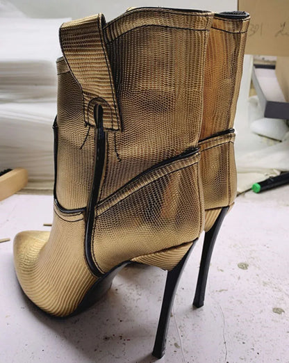 Silver Gold Patent Leather Blade High Heels Ankle Boots Pointed Toe 12 Cm Metal Heel Slip On Runway Booties Woman