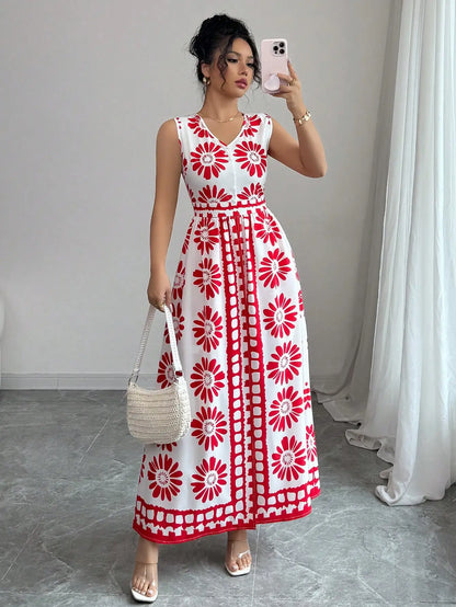 Women's Spring and Summer Beach Vacation Style Casual and Elegant Contrasting Color All-Over Retro Print Sleeveless Jumpsuit