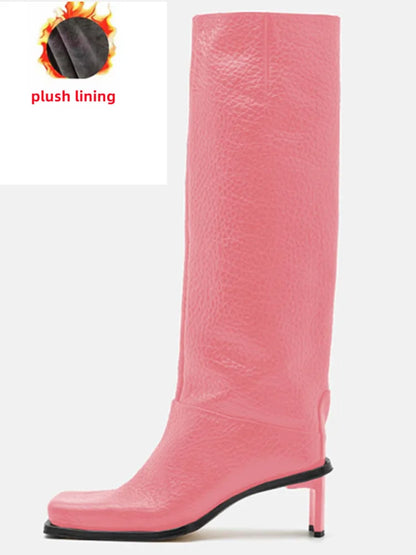 2026New Fashionable Square Head High Heels Women's Knee Length Boots with Side Zipper Stone Pattern Women's Mid Length Boots
