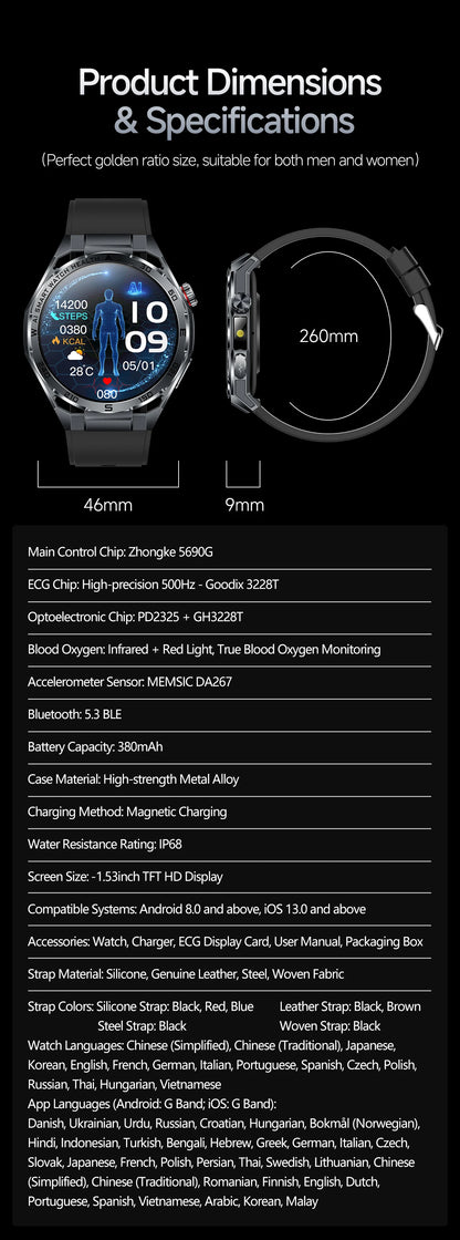 2026 New ECG+PPG Body Fat Analysis Health Smart Watch Uric Acid BP Blood Oxygen Bluetooth call Sports Smart Watch For Men Women