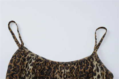 Shestyle Leopard Mesh Sexy Women Two Piece Sets Spaghetti Strap Bodysuit Flare Pants Sheer Brown Sexy Clubwear Waistless Outfit