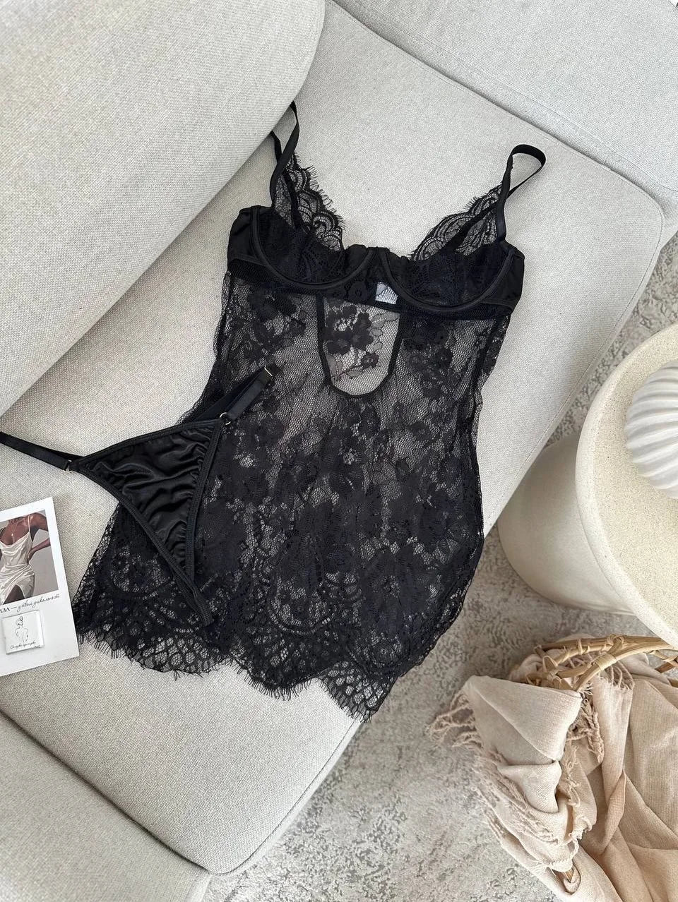 Ellolace Seductive Women's Casual Dresses Tempted Deep V Mini Dress Thong 2PC Hot Sheer Lace Lingerie Sexy Sensual Sleep Gown