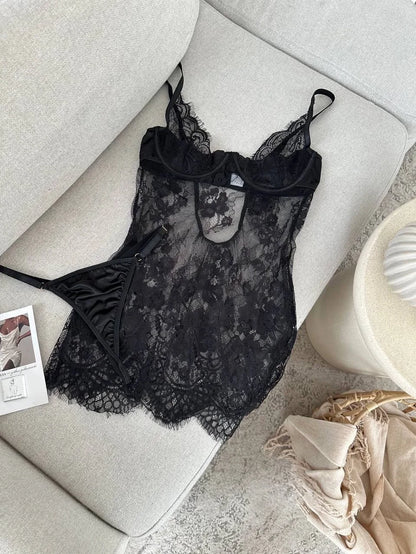 Ellolace Seductive Women's Casual Dresses Tempted Deep V Mini Dress Thong 2PC Hot Sheer Lace Lingerie Sexy Sensual Sleep Gown