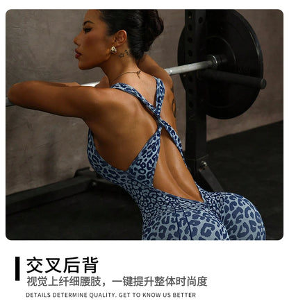 ZHEJIN Leopard Jumpsuit Women Backless Criss Cross Seamless Yoga Romper Scrunch Butt Lifting Workout Bodysuit Gym Fitness Wear