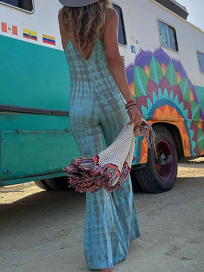Summer Women Slim High Waist Jumpsuits Patchwork Hollow Out Femme Print Flare Pants Streetwear Casual Long Pants Party Rompers