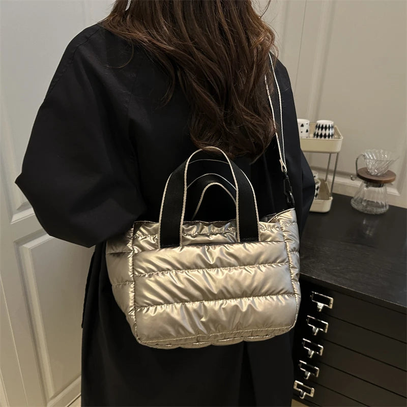 2025 Winter Luxury Quilted Tote Bag Women Fashion Down Puffer Shoulder Bag Large Capacity Crossbody Messenger Purse Nylon Gift