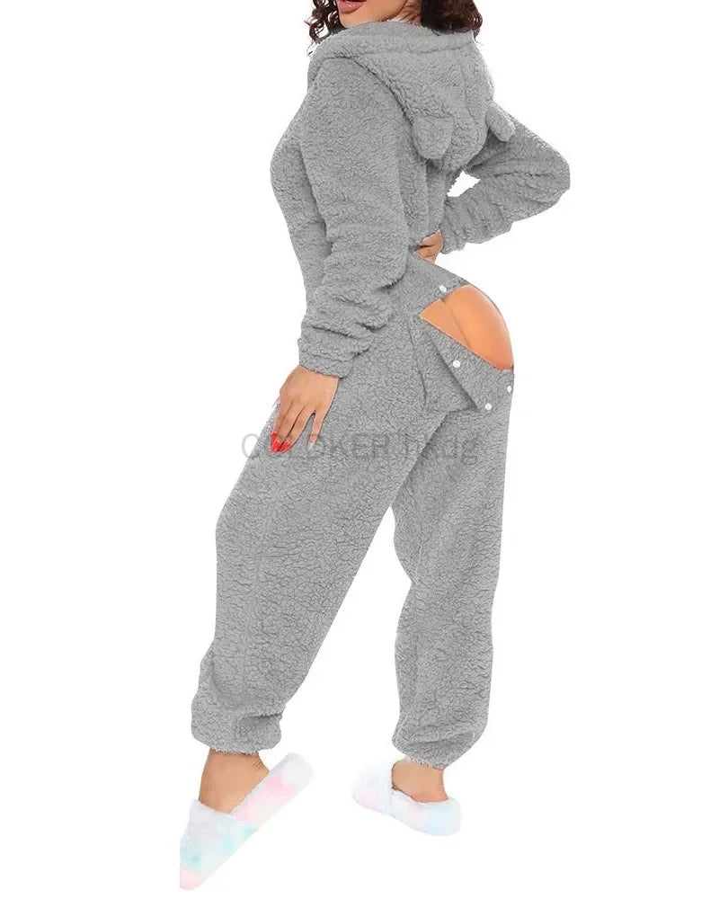 Women Jumpsuit Long Sleeve Pajama Zipper Hooded Jumpsuit Casual Winter Warm Sleepwear Sexy Butt Button Back Flap Home Clothing