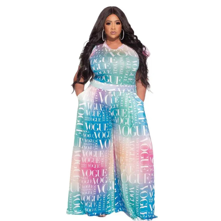 Loose Women's 2025 Summer Wide Leg Pants Letter Printed Short Sleeves Bubble Sleeves Large Size Jumpsuit