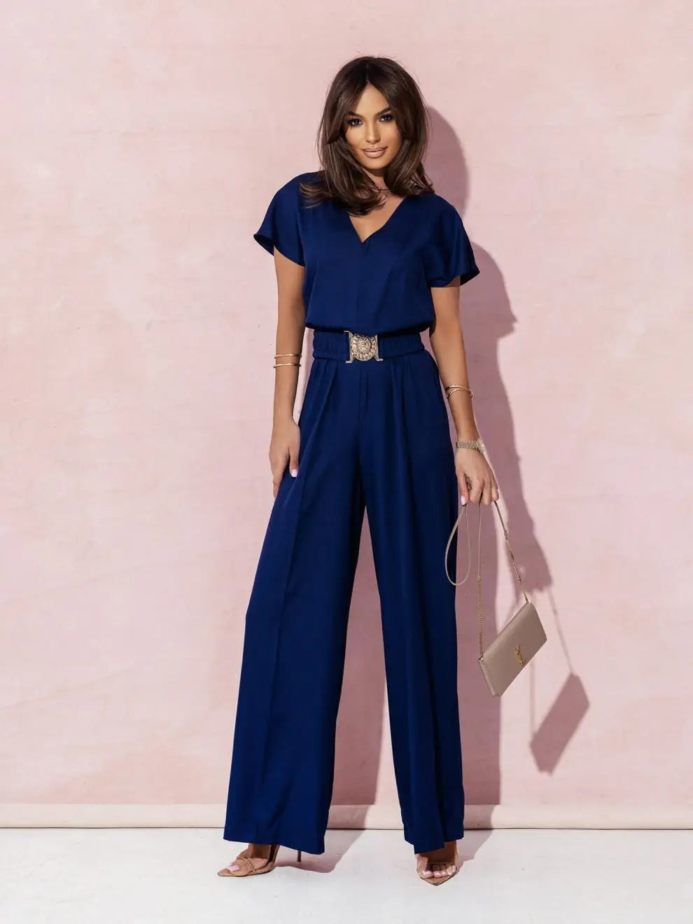 Jumpsuits women 2026 rompers new summer solid color short-sleeved V-neck wide-leg jumpsuits women's clothing