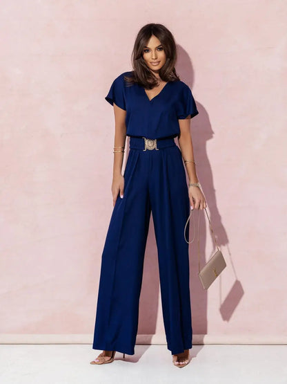 Jumpsuits women 2026 rompers new summer solid color short-sleeved V-neck wide-leg jumpsuits women's clothing