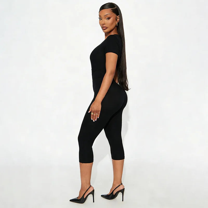 Short Sleeve Sexy Club Party Jumpsuit Women Y2K Casual Autumn Winter V Neck Bodycon Black Overalls Rompers Streetwear Vacation
