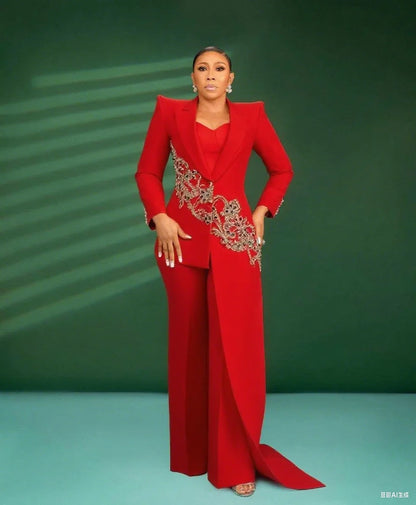 Customized Red Carpet Fashion Women Pants Suits 2 Pieces Slim Fit Crystal Beads Prom Evening Party Wear