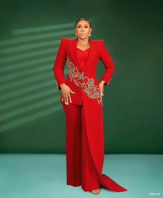 Customized Red Carpet Fashion Women Pants Suits 2 Pieces Slim Fit Crystal Beads Prom Evening Party Wear