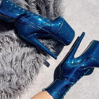 20CM/8Inch Bling Pole Dance Boots Woman Glossy Patent leather Red lace-up Nightclub Shoes Extreme high heel Platform Short Boots