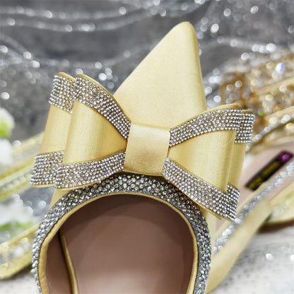 Elegant Gold Satin Rhinestone Bow Slingback Heel & Clutch Bag Set, Women Bridal Matching Kit For Wedding Party Evening Prom Form