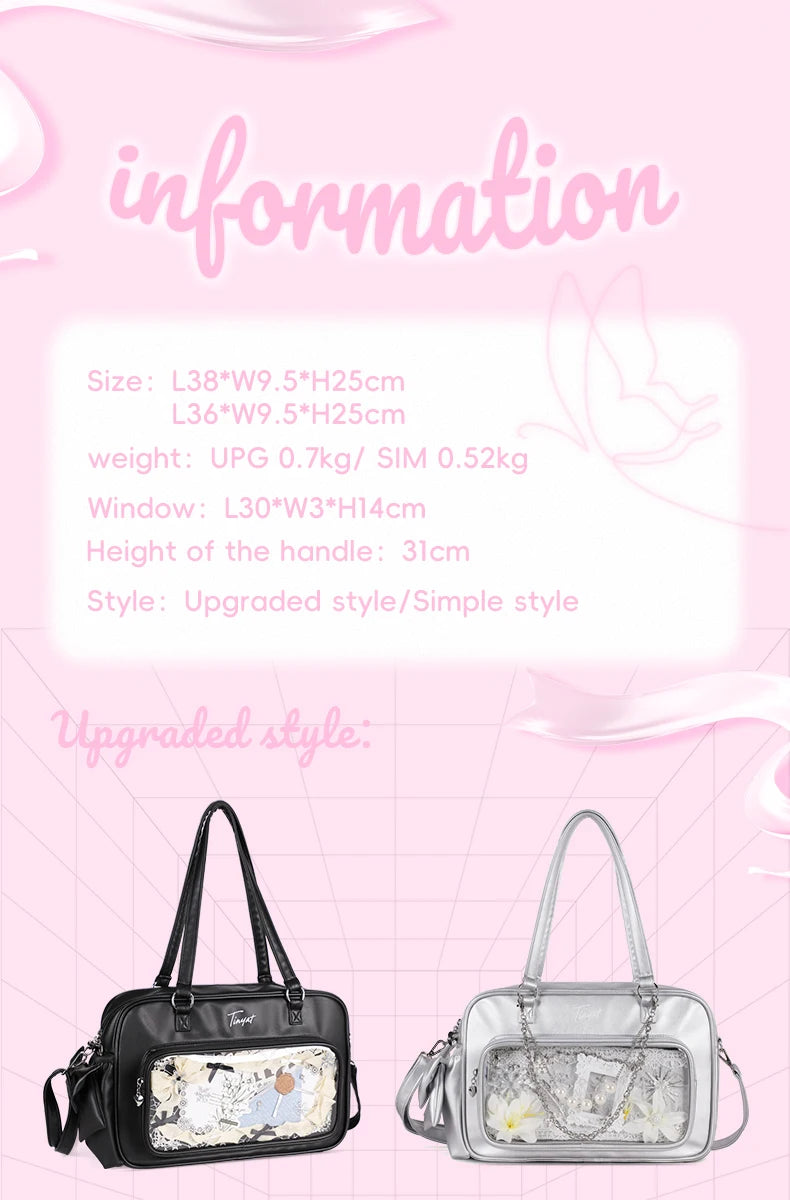 TINYAT PU Y2K Ita Bag Tote Lolita Girl Clear Window Display Message Bag Large Capacity Daily Commuting Handbag for Women School