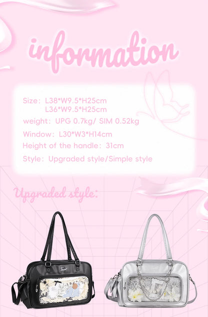 TINYAT PU Y2K Ita Bag Tote Lolita Girl Clear Window Display Message Bag Large Capacity Daily Commuting Handbag for Women School