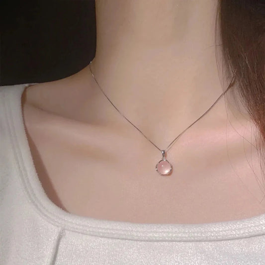 925 Sterling Silver Round Pendant Necklace with Pink Crystal Elegant Choker Wedding Jewelry Luxury Gift for Women Birthday