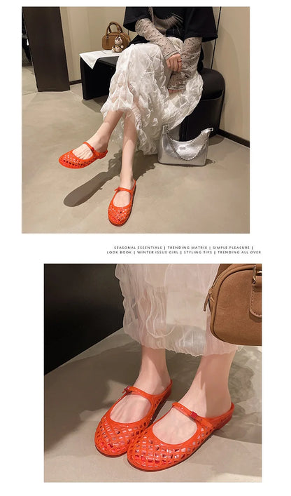 Women's Light Luxury Crystal Jelly Mary Jane Flat Sandals Hollow-out Breathable Closed Toe Summer Casual Non-slip Slip-on Shoes