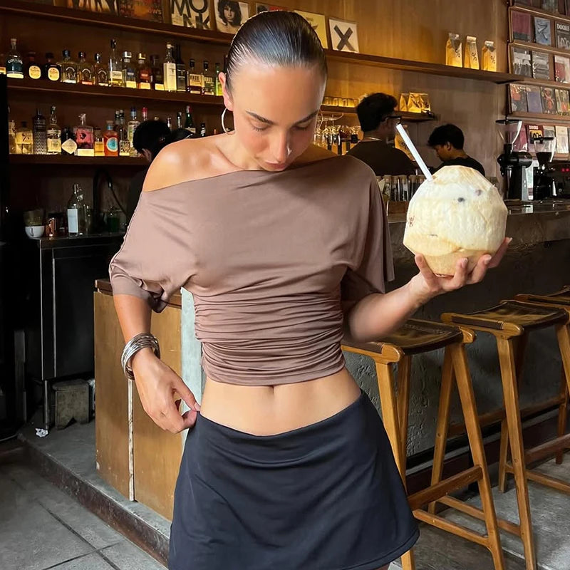 Solid One Shoulder T-shirt Women Tops 2026 Summer Short Sleeve Crop Top Off Shoulder T Shirts Party Basic Casual Y2k Tops Tees