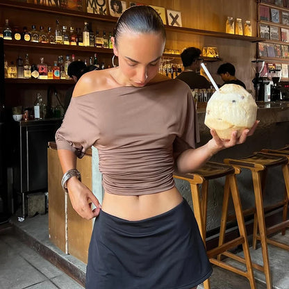 Solid One Shoulder T-shirt Women Tops 2026 Summer Short Sleeve Crop Top Off Shoulder T Shirts Party Basic Casual Y2k Tops Tees