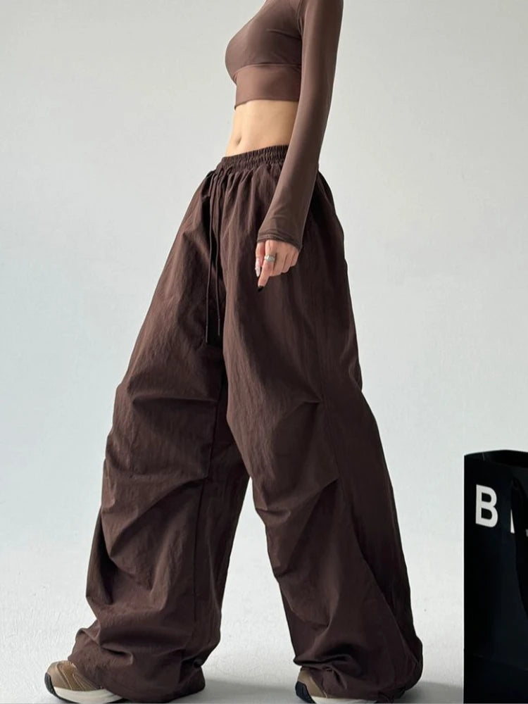 Women's Brown Parachute Pants 2026 Summer New Loose Straight Wide Leg Trousers Casual Quick Dry Cargo Pants Streetwear