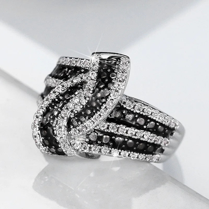 925 Sterling Silver Black Enamel Knot Ring for Women New Modern Design Chic Female Finger Ring Party Bling CZ Statement Jewelry