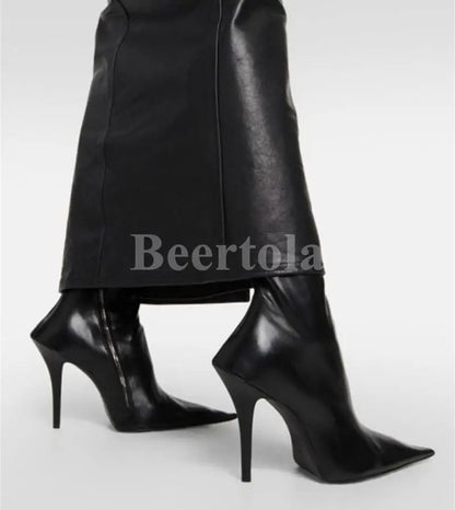 Black Leather Pointed Toe Ankle Boots Woman High Heels Stiletto Side Shaped Zipper Knee-High Boots Lady Sexy Boots