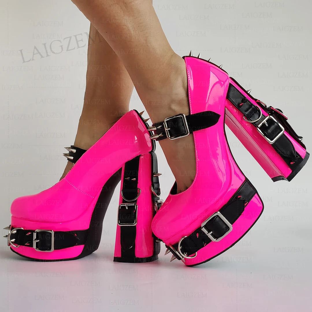 LAIGZEM Women Pumps Punk Rivets Patchwork Platform Cosplay Gothic Sandals Handmade Buckle Straps Shoes Woman Big Size 39 43 52