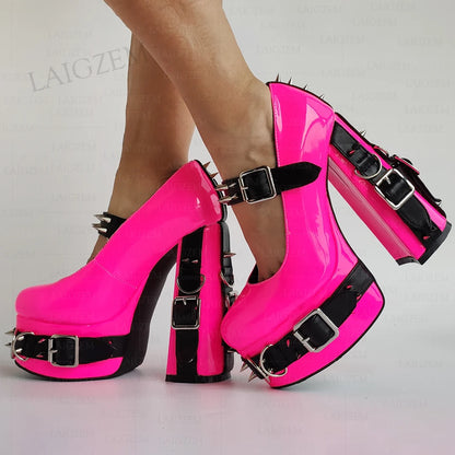 LAIGZEM Women Pumps Punk Rivets Patchwork Platform Cosplay Gothic Sandals Handmade Buckle Straps Shoes Woman Big Size 39 43 52