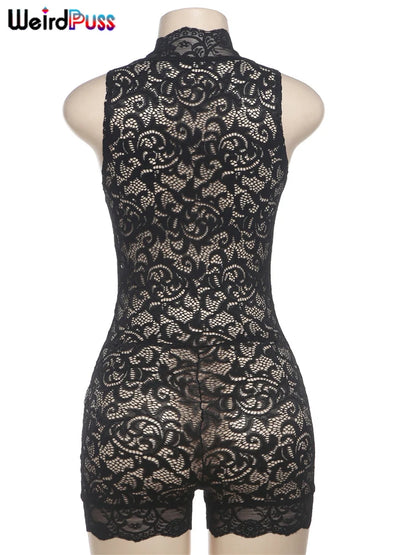 Weird Puss Sexy See-Through Rompers Woman Summer Lace V-Neck Thin Solid Sleeveless Low-Neck Stretch Peach Hip Skinny Playsuit