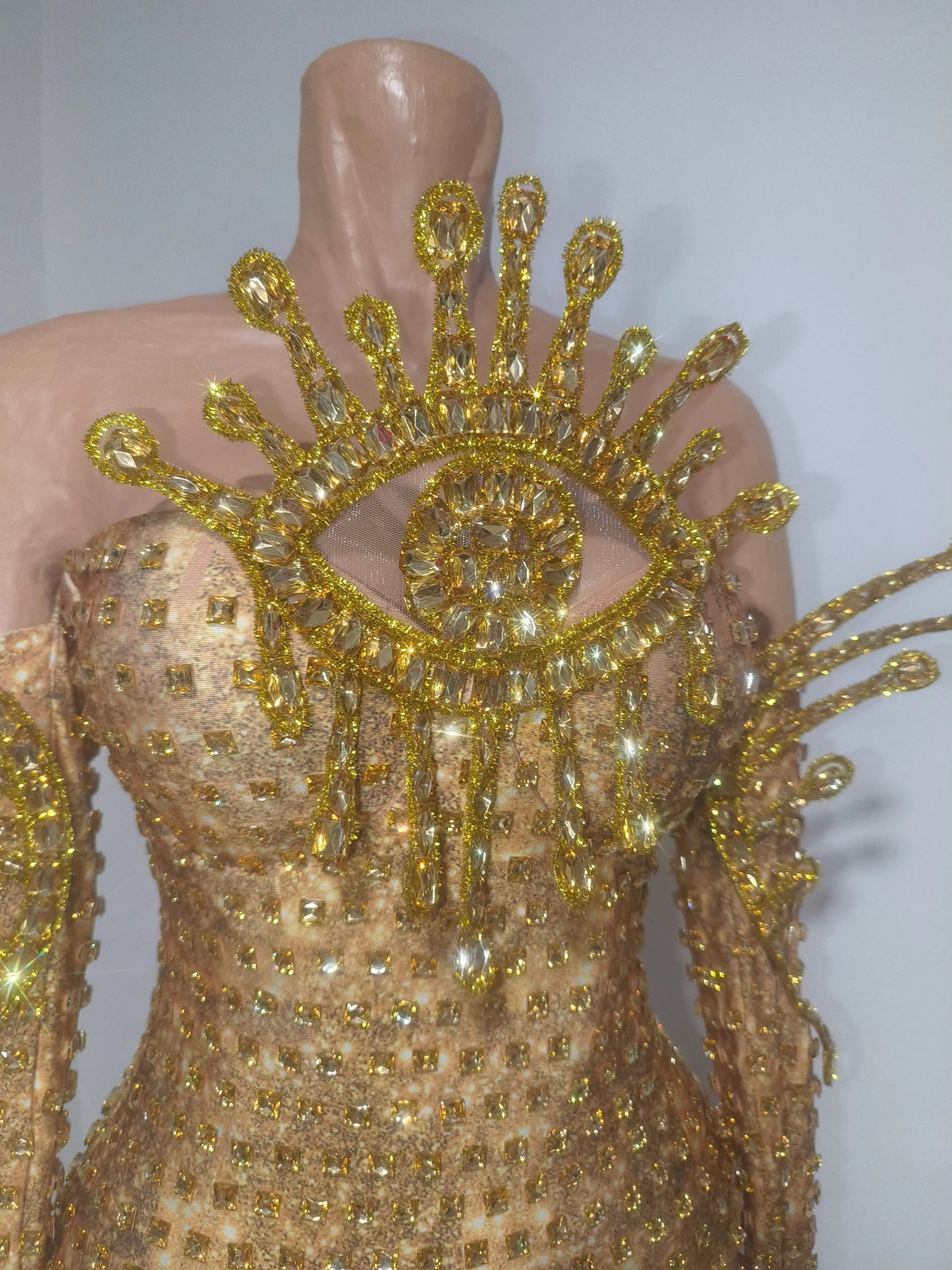 Sexy Sparkly Golden Rhinestones Eyes Stretch Bodysuit Women Eveing Birthday Party Nightclub Bar Singer Dancer DJ Stage Costume