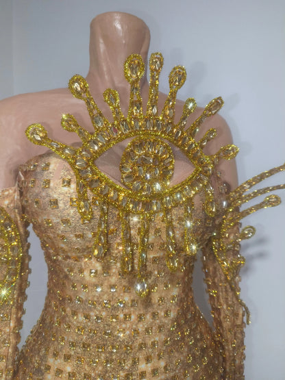 Sexy Sparkly Golden Rhinestones Eyes Stretch Bodysuit Women Eveing Birthday Party Nightclub Bar Singer Dancer DJ Stage Costume