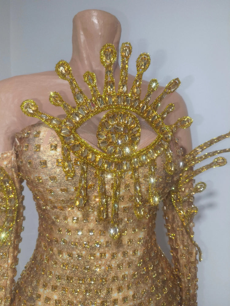 Sexy Sparkly Golden Rhinestones Eyes Stretch Bodysuit Women Eveing Birthday Party Nightclub Bar Singer Dancer DJ Stage Costume
