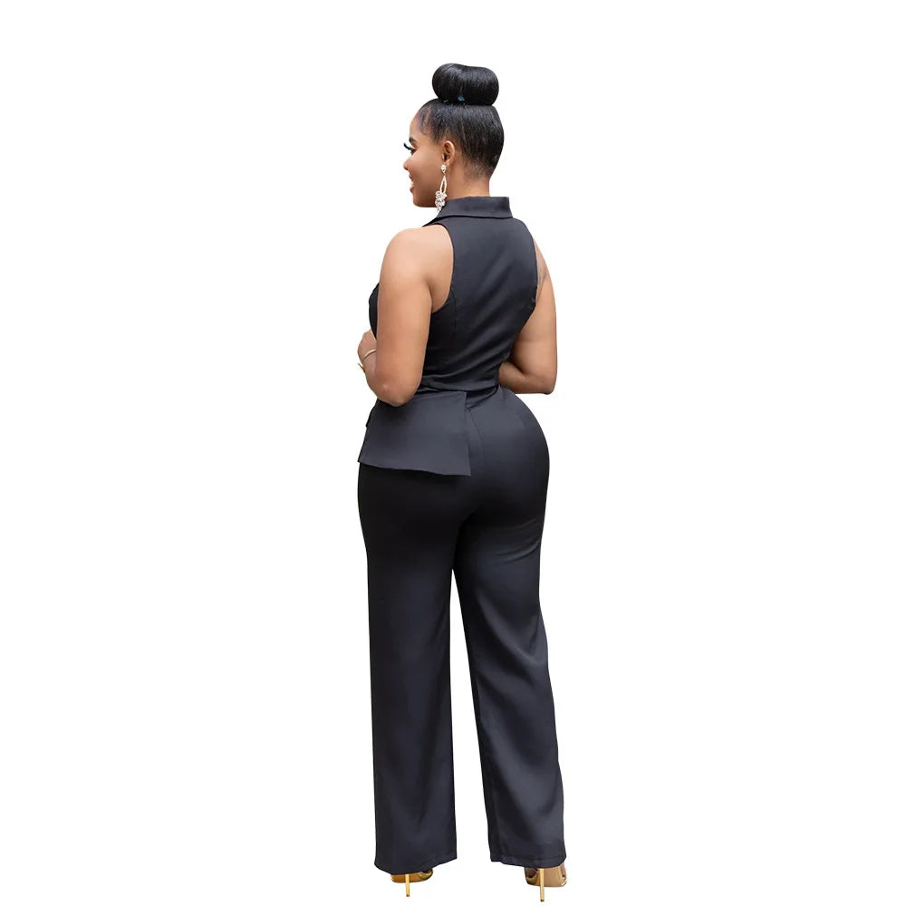 CMYAYA Elegant Womenv-neck High Waist Straight Sleeveless Blazer Jumpsuits 2024 Fall Street Chain Office Lady Party Rompers