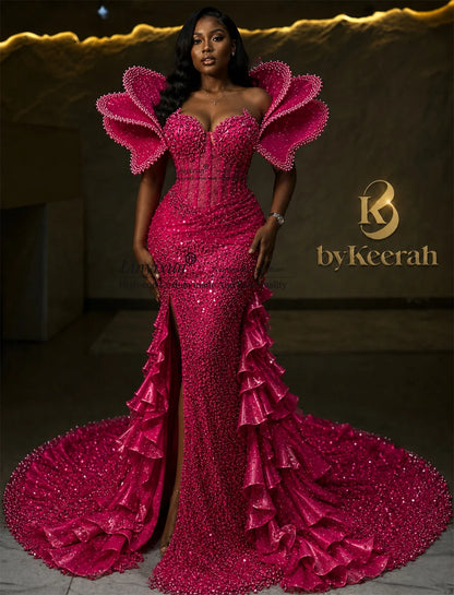Aso Ebi Mermaid Prom Dress With Glitter Sequins Diamond Evening Party Gown Customized Off Shoulder Birthday Slit Robe De Soiree